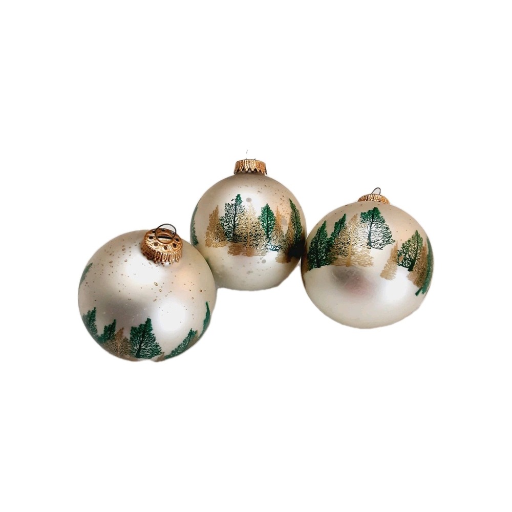Vtg Germany glass christmas ornament stenciled Trees Forest Green Gold Set Of 3